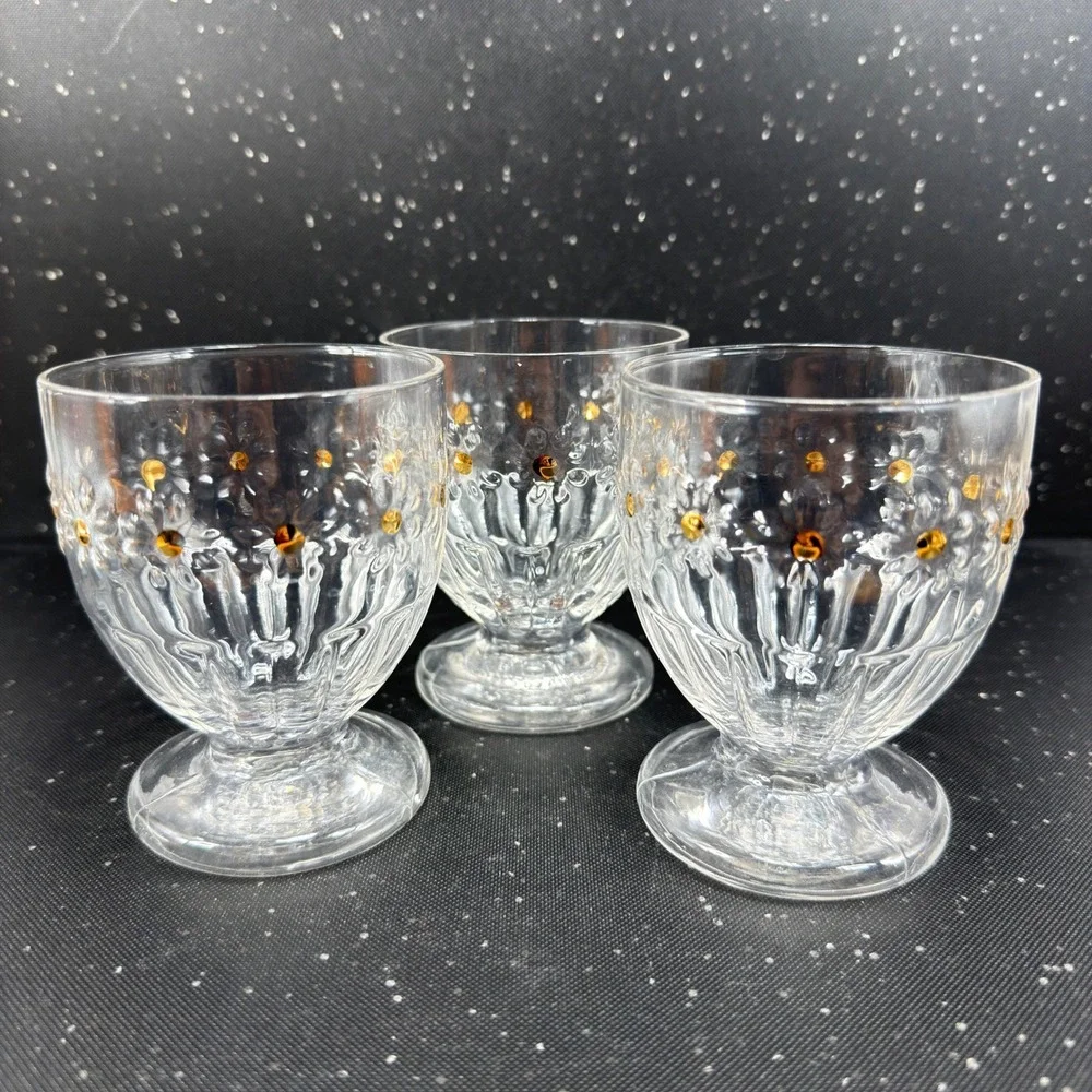 Anthropologie Lara Icon Glass Goblet Set of 3 Gold Dot Floral Embossed 4inch